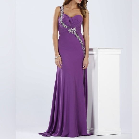 Terani Couture One Shoulder Rhinestone Beaded Formal Maxi Gown Dress Purple 0 - Picture 6 of 16